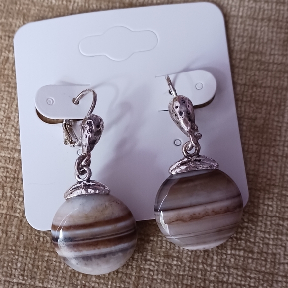 Silver Tone Leverback Brown Striped Stone Earrings - Picture 3 of 13